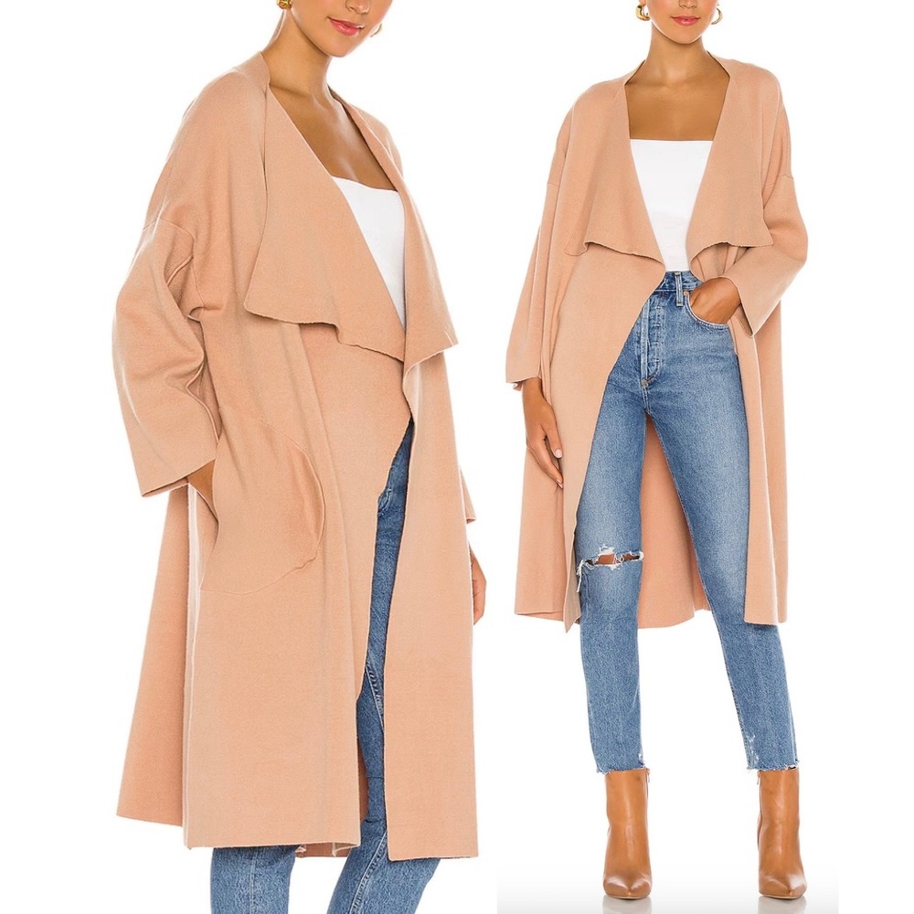 SNDYS. Tia Knit Cardi Long Duster Waterfall Cardigan Sweater in Camel